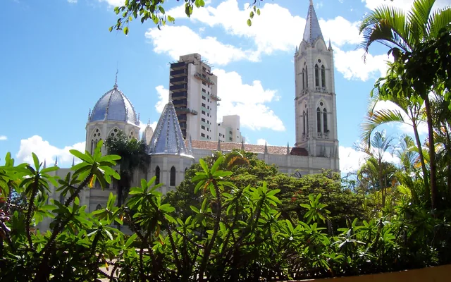 Igreja com prédios e vegetação ao redor em Bom Despacho
