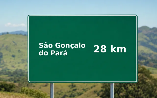 São Gonçalo do Pará - MG Placa de estrada indicando São Gonçalo do Pará a 28 km
